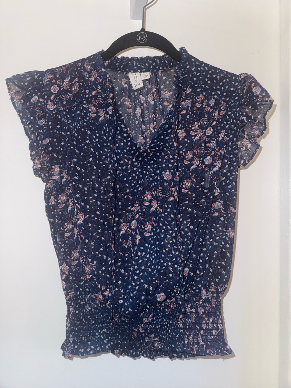 Joie Navy Floral Sheer Ruffle Sleeve Smocked Waist Blouse Size S